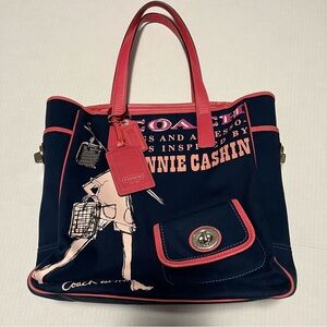 Coach Dark Blue and Coral Bonnie Canvas Tote Bag w/ leather trim - New w/ tags